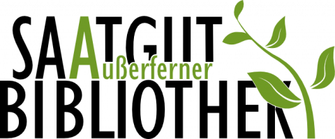 Logo Saatgutbibliothek: Schriftzug Saatgut in Großbuchstaben mit grünem "a" und in schwarzen Großbuchstaben darunter Bibliothek. Rechts vom Schriftzug ein grüne Pflänzchen mit fünf Blättern.
